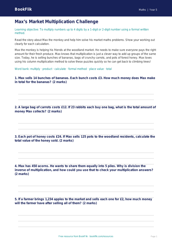 Free Multiplication Track Sheet | Class 5 | Maths | BookFlik worksheet preview — Maths Multiplication