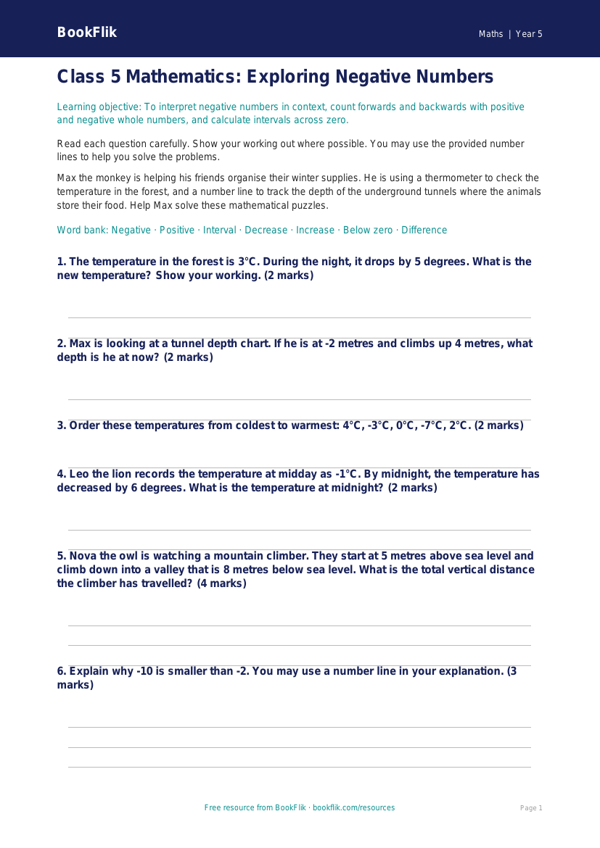 Free Negative Numbers Assessment | Class 5 | Maths | BookFlik worksheet preview — Maths Negative Numbers