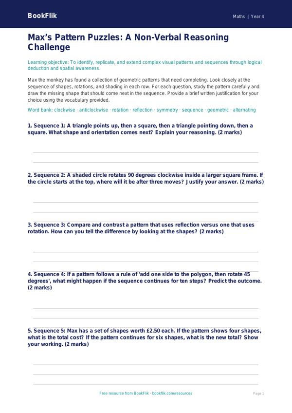 Free Non Verbal Reasoning Activity Sheet | Class 4 | Maths | BookFlik worksheet preview โ Maths Non Verbal Reasoning