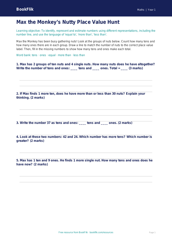 Free Place Value Activity Sheet | Class 1 | Maths | BookFlik worksheet preview — Maths Place Value