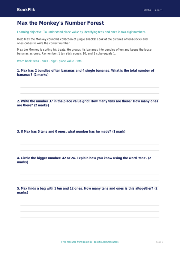 Free Place Value Worksheet | Class 1 | Maths | BookFlik worksheet preview — Maths Place Value