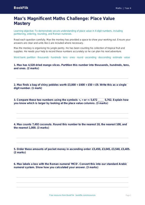 Maths place value assessment class 4 greater depth worksheet preview — Maths Place Value