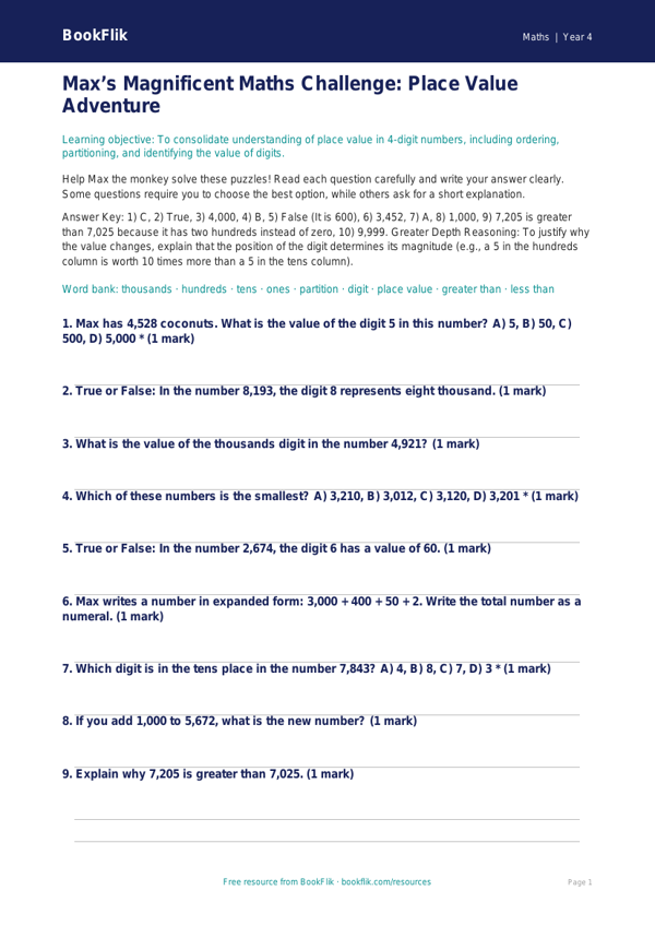 Advanced Place Value Quiz | Class 4 Maths | BookFlik worksheet preview — Maths Place Value