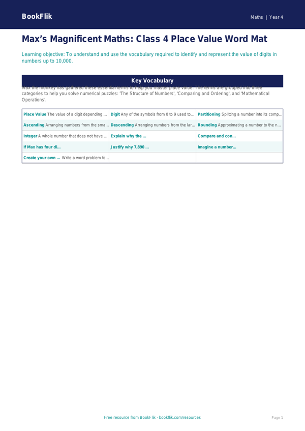 Maths place value word mat class 4 greater depth worksheet preview — Maths Place Value