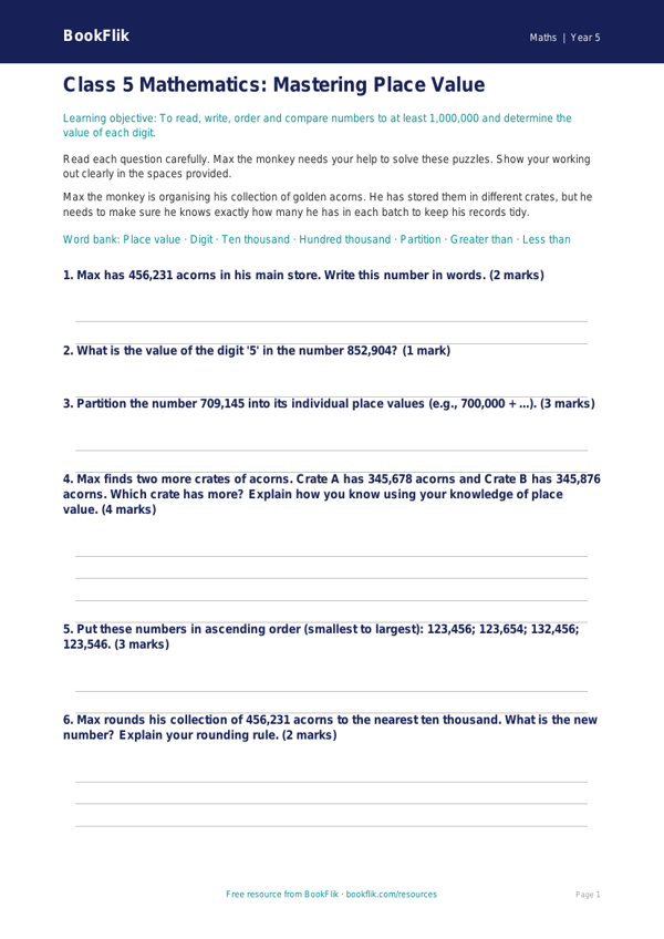 Free Place Value Assessment | Class 5 | Maths | BookFlik worksheet preview — Maths Place Value