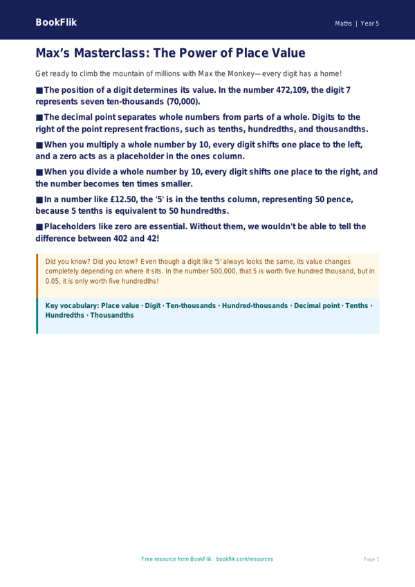 Free Place Value Poster | Class 5 | Maths | BookFlik worksheet preview — Maths Place Value