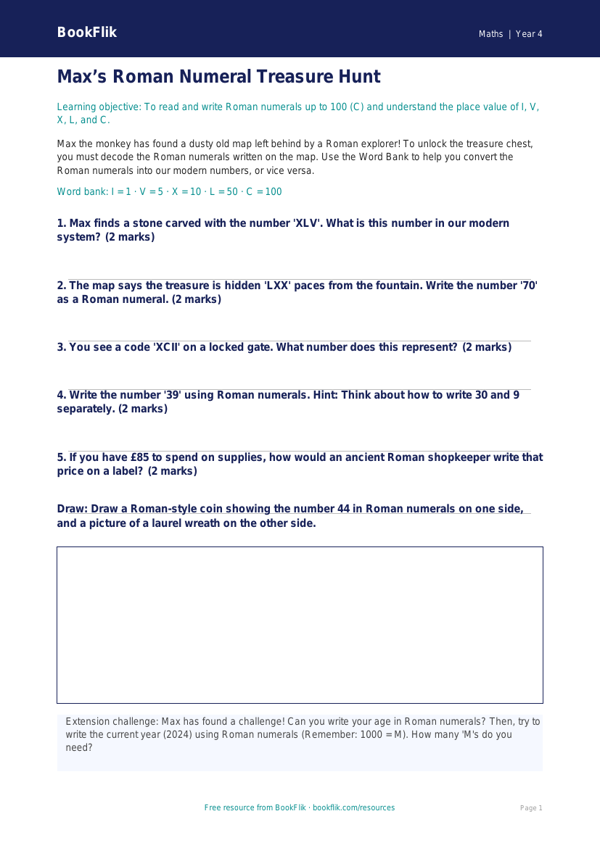 Free Roman Numerals Activity Sheet | Class 4 | Maths | BookFlik worksheet preview — Maths Roman Numerals
