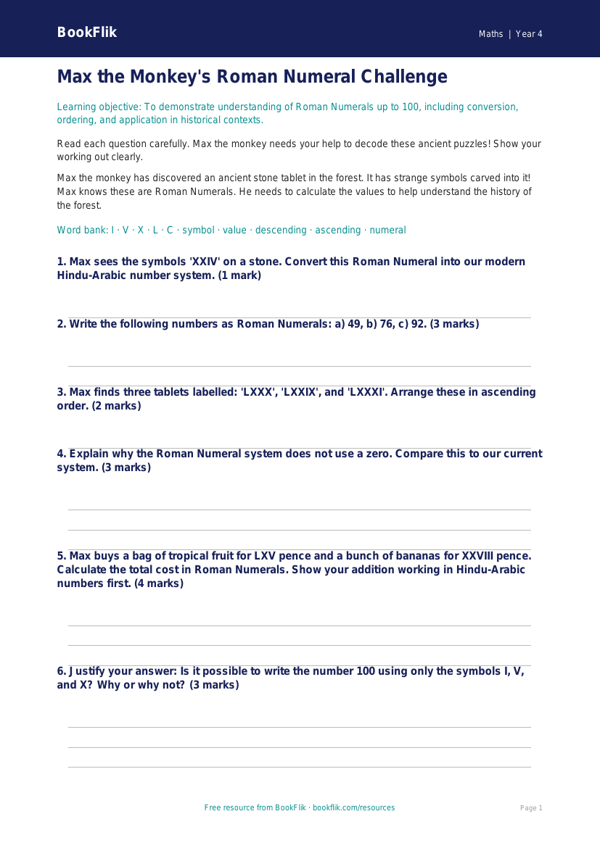 Free Roman Numerals Assessment | Class 4 | Maths | BookFlik worksheet preview — Maths Roman Numerals