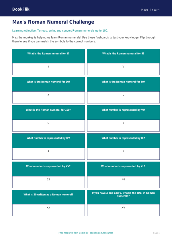 Free Roman Numerals Flashcards | Class 4 | Maths | BookFlik worksheet preview — Maths Roman Numerals