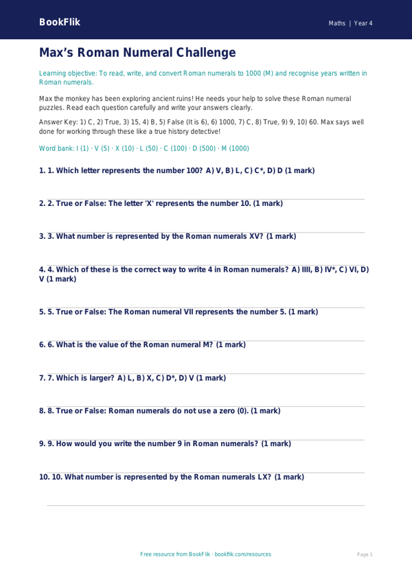 Free Roman Numerals Quiz | Class 4 | Maths | BookFlik worksheet preview — Maths Roman Numerals