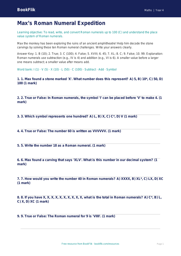 Roman Numerals Quiz for Class 4 | Maths Worksheet | BookFlik worksheet preview โ Maths Roman Numerals