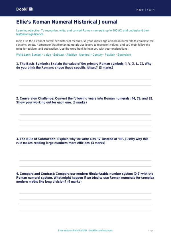 Free Roman Numerals Template | Class 4 | Maths | BookFlik worksheet preview — Maths Roman Numerals
