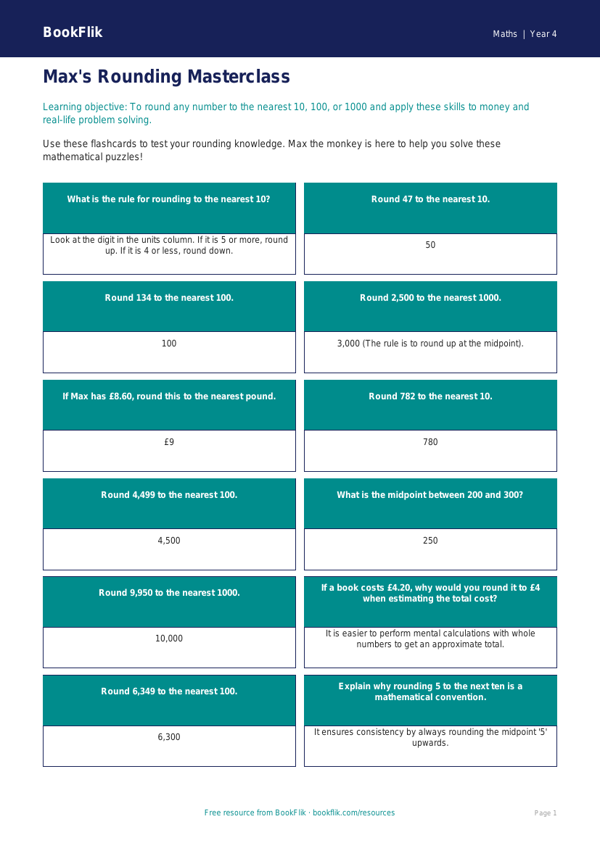 Free Rounding Flashcards | Class 4 | Maths | BookFlik worksheet preview — Maths Rounding