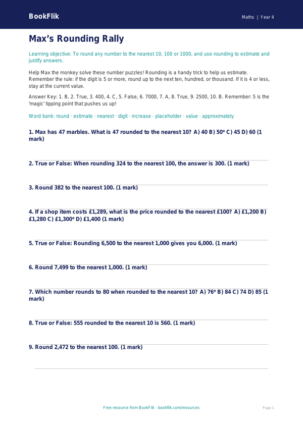 Advanced Rounding Quiz | Class 4 Maths | BookFlik worksheet preview — Maths Rounding