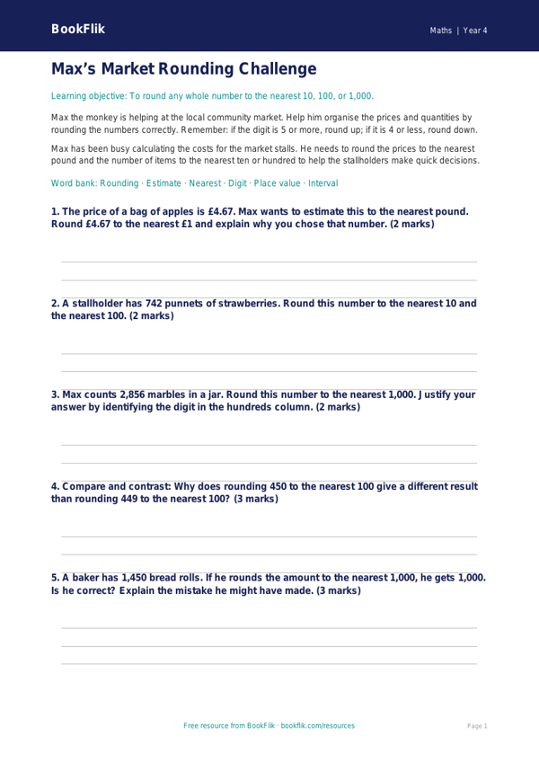 Free Rounding Worksheet for Class 4 Maths | BookFlik worksheet preview — Maths Rounding