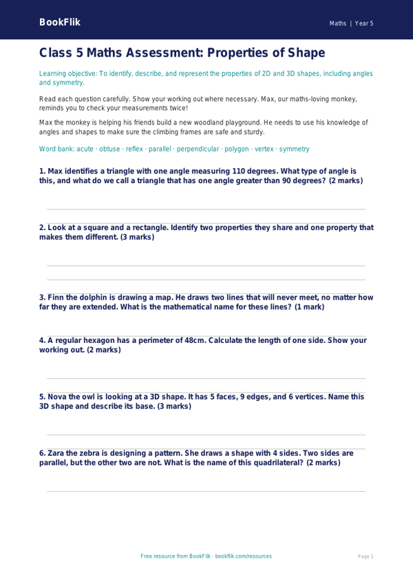 Free Shape Assessment | Class 5 | Maths | BookFlik worksheet preview — Maths Shape