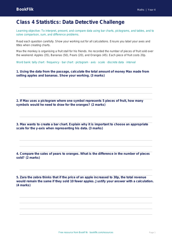 Maths statistics assessment class 4 greater depth worksheet preview — Maths Statistics