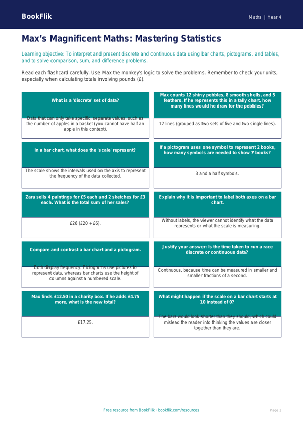 Free Statistics Flashcards | Class 4 | Maths | BookFlik worksheet preview — Maths Statistics
