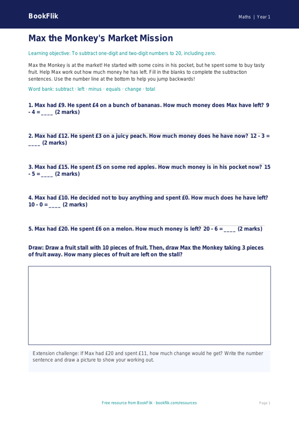 Free Subtraction Activity Sheet | Class 1 | Maths | BookFlik worksheet preview — Maths Subtraction
