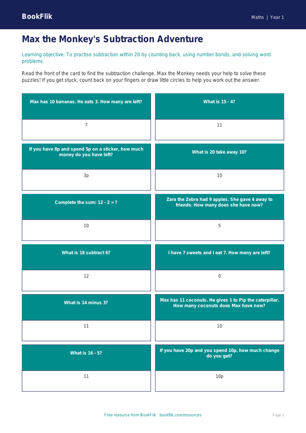 Free Subtraction Flashcards | Class 1 | Maths | BookFlik worksheet preview — Maths Subtraction