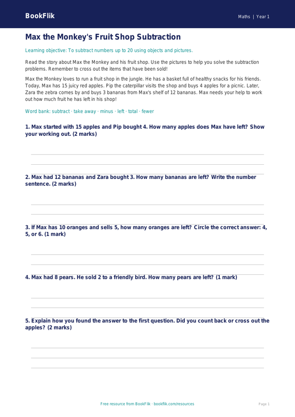 Free Subtraction Track Sheet | Class 1 | Maths | BookFlik worksheet preview — Maths Subtraction
