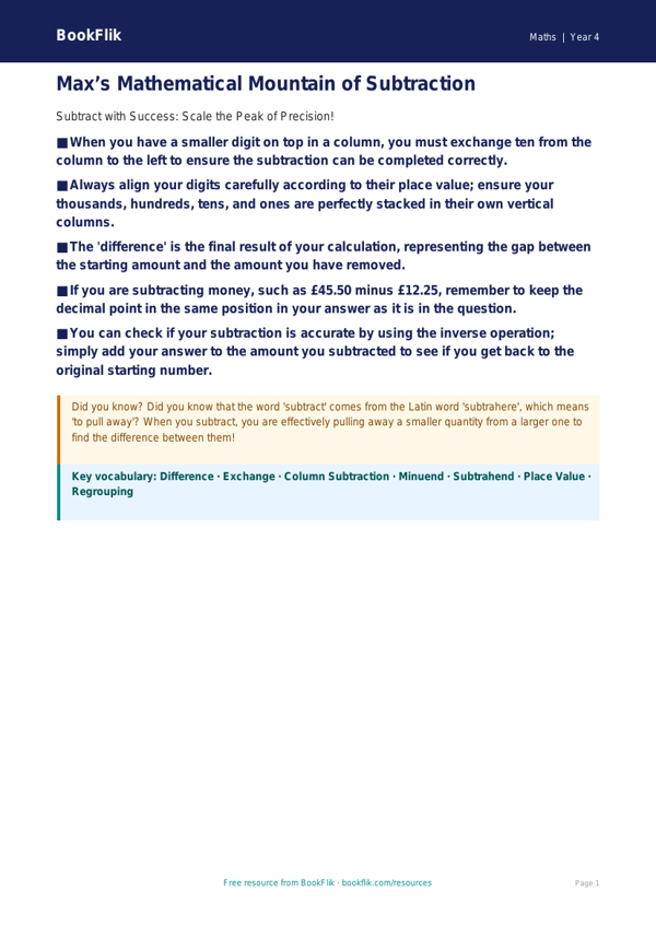 Maths subtraction poster class 4 greater depth worksheet preview — Maths Subtraction