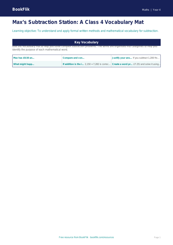 Maths subtraction word mat class 4 greater depth worksheet preview — Maths Subtraction