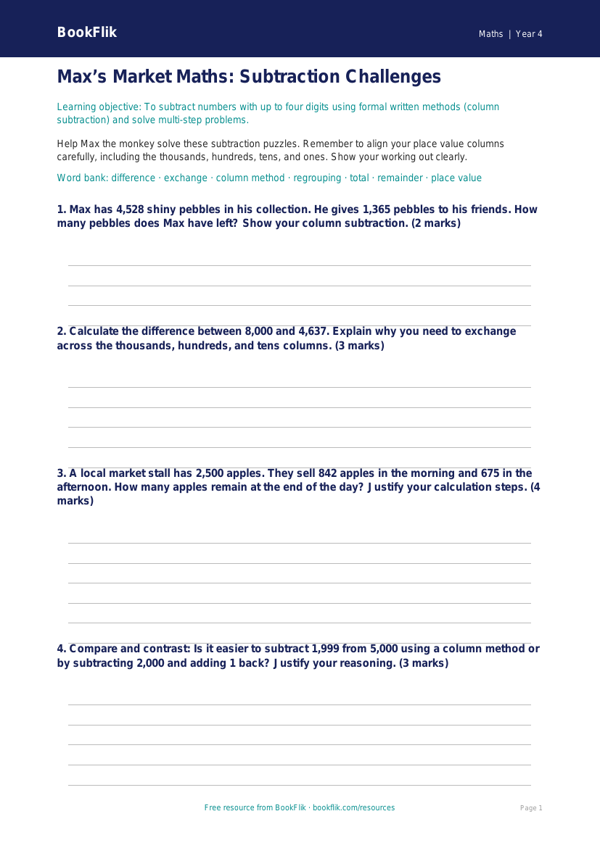 Advanced Subtraction Worksheet | Class 4 Maths | BookFlik worksheet preview — Maths Subtraction