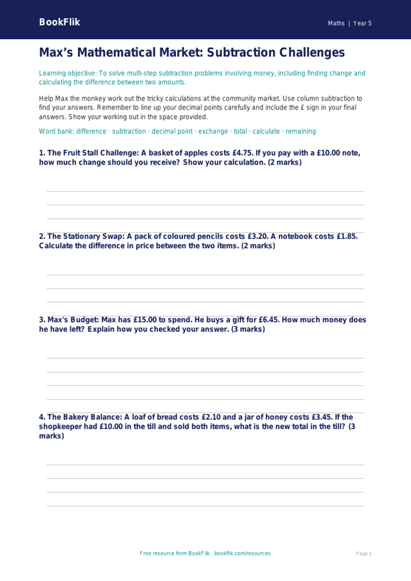 Free Subtraction Template | Class 5 | Maths | BookFlik worksheet preview — Maths Subtraction