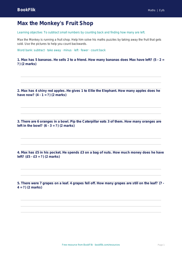 Free Subtraction Worksheet | Nursery / LKG | Maths | BookFlik worksheet preview — Maths Subtraction