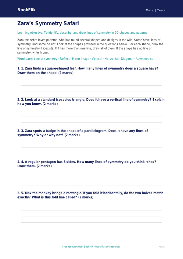 Maths symmetry activity sheet class 4 core worksheet preview — Maths Symmetry