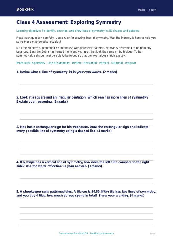 Free Symmetry Assessment | Class 4 | Maths | BookFlik worksheet preview — Maths Symmetry