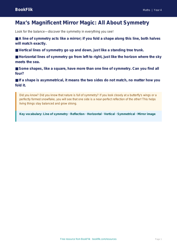 Free Symmetry Poster | Class 4 | Maths | BookFlik worksheet preview — Maths Symmetry