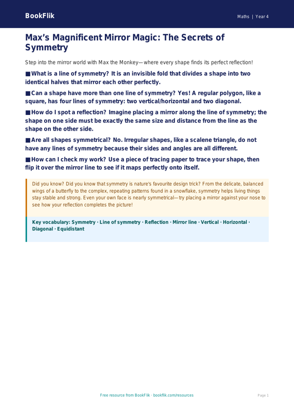 Free Symmetry Poster | Class 4 | Maths | BookFlik worksheet preview โ Maths Symmetry
