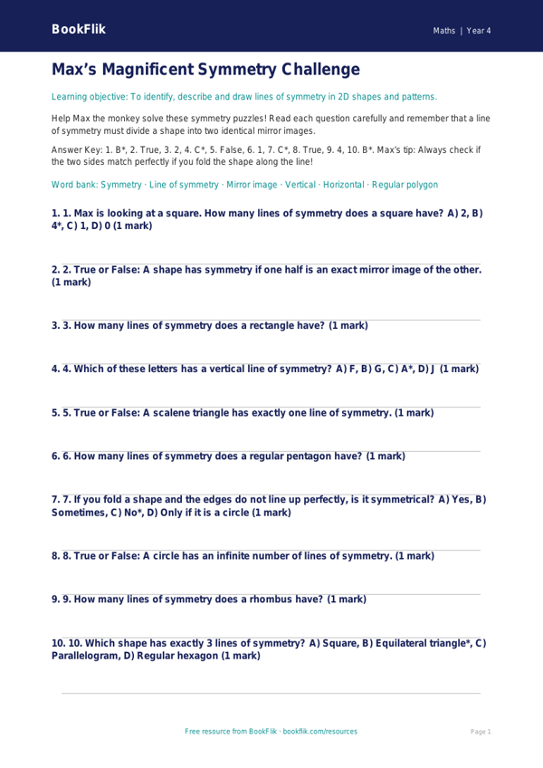 Free Symmetry Quiz | Class 4 | Maths | BookFlik worksheet preview — Maths Symmetry