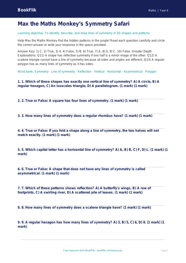 Free Symmetry Quiz | Class 4 | Maths | BookFlik worksheet preview — Maths Symmetry