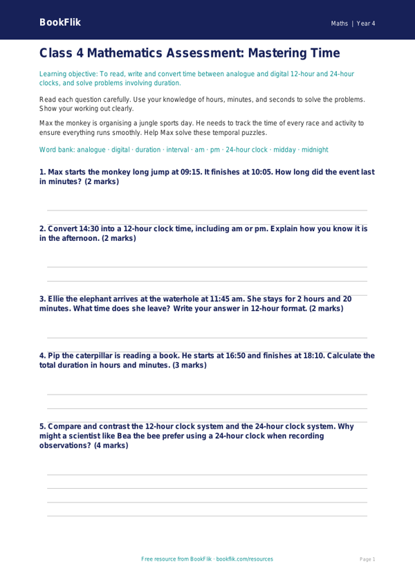 Free Time Assessment | Class 4 | Maths | BookFlik worksheet preview — Maths Time