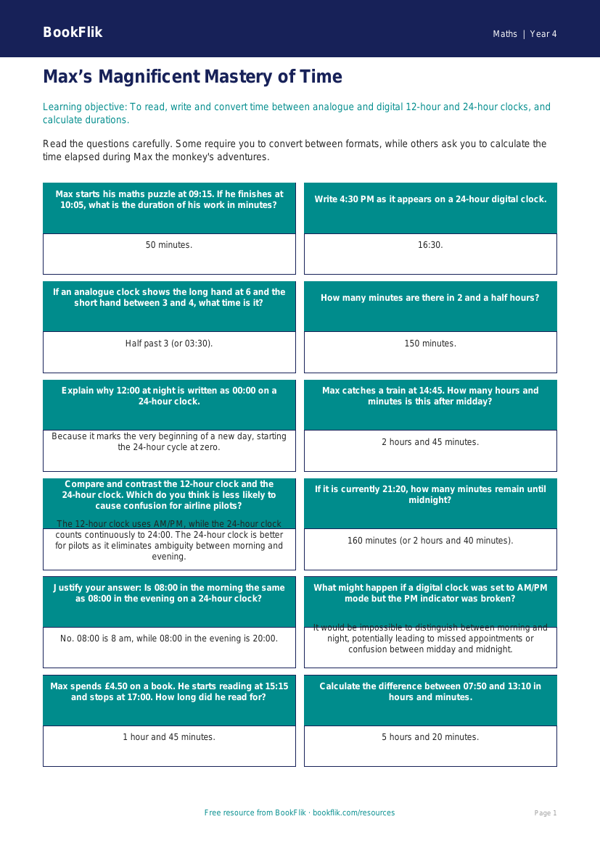Advanced Time Flashcards | Class 4 Maths | BookFlik worksheet preview — Maths Time