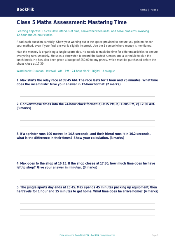 Time Assessment | Class 5 Maths Worksheet | BookFlik worksheet preview — Maths Time