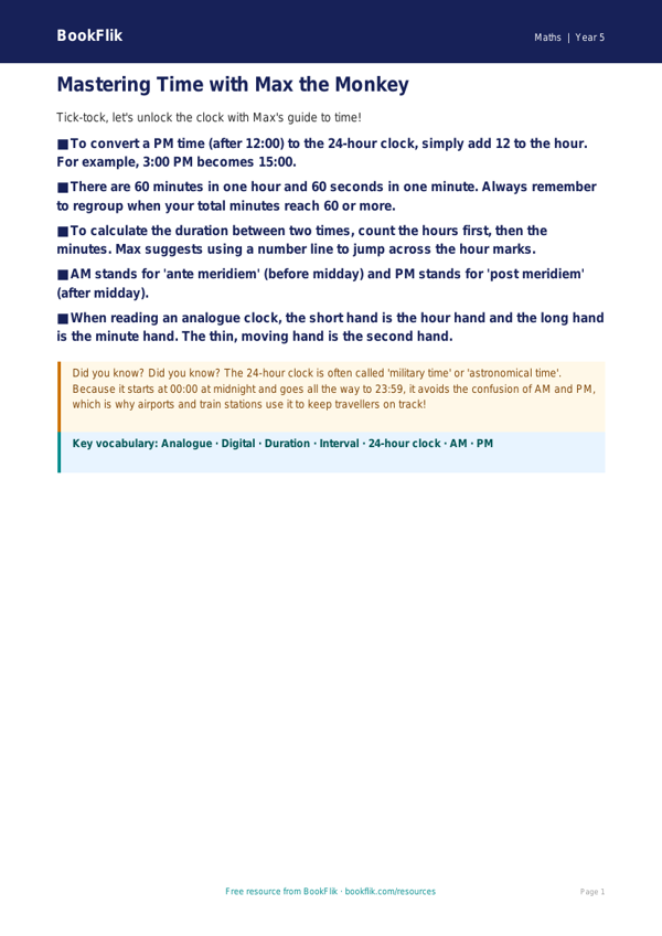 Time Poster for Class 5 Maths | CBSE Learning Resource | BookFlik worksheet preview — Maths Time