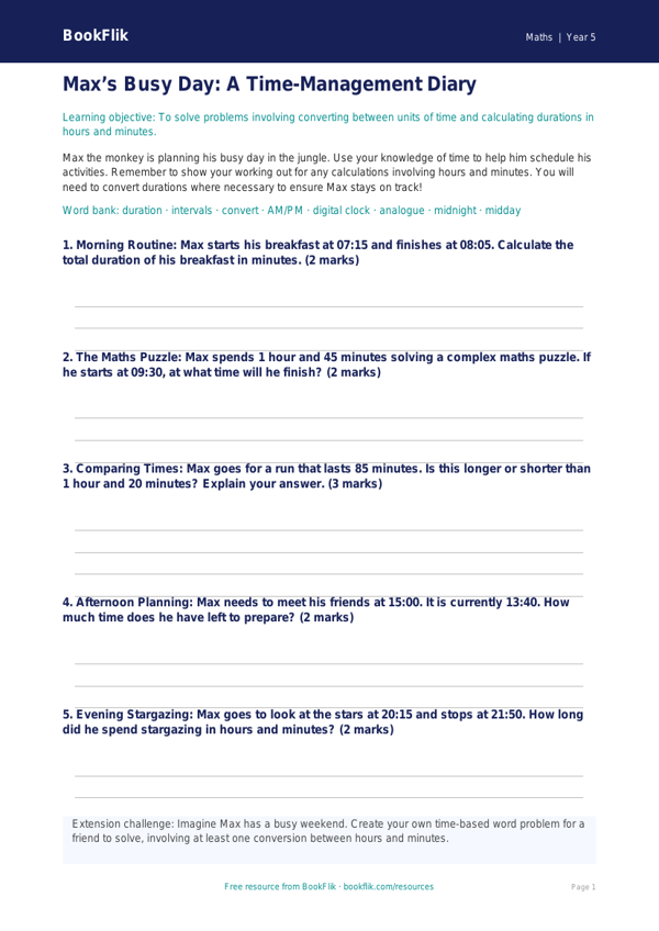 Time Template for Class 5 Maths | CBSE NCERT Practice | BookFlik worksheet preview — Maths Time