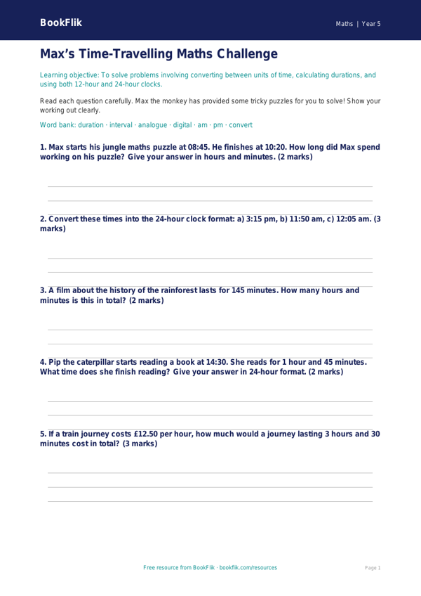 Time Worksheet for Class 5 | Maths CBSE | BookFlik worksheet preview — Maths Time