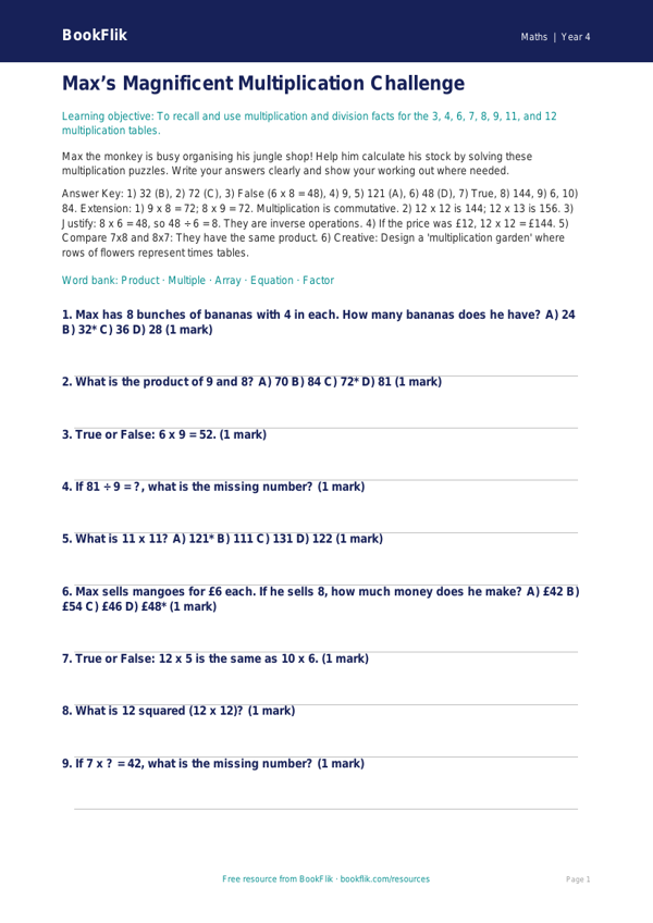 Maths times tables quiz class 4 greater depth worksheet preview — Maths Times Tables