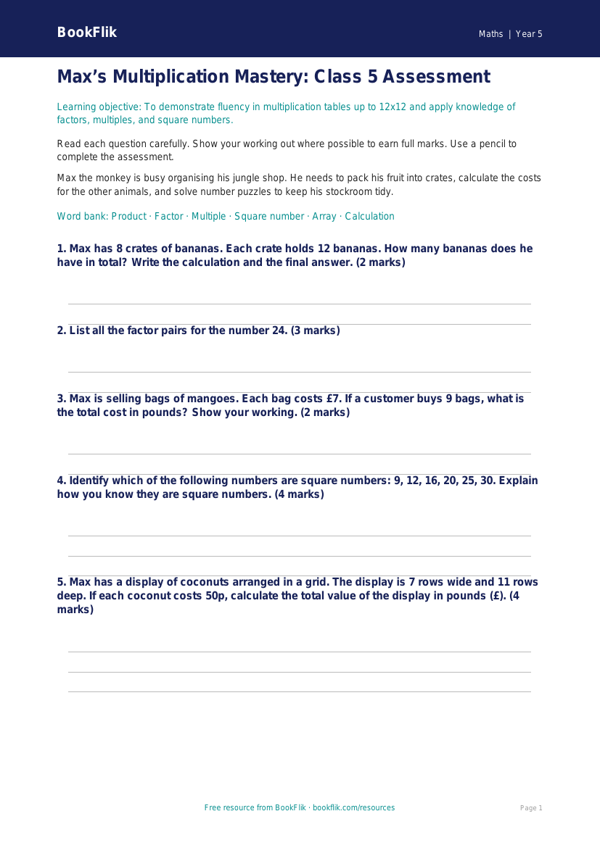 Free Times Tables Assessment | Class 5 | Maths | BookFlik worksheet preview — Maths Times Tables