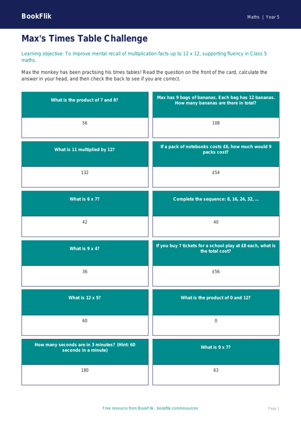 Free Times Tables Flashcards | Class 5 | Maths | BookFlik worksheet preview — Maths Times Tables