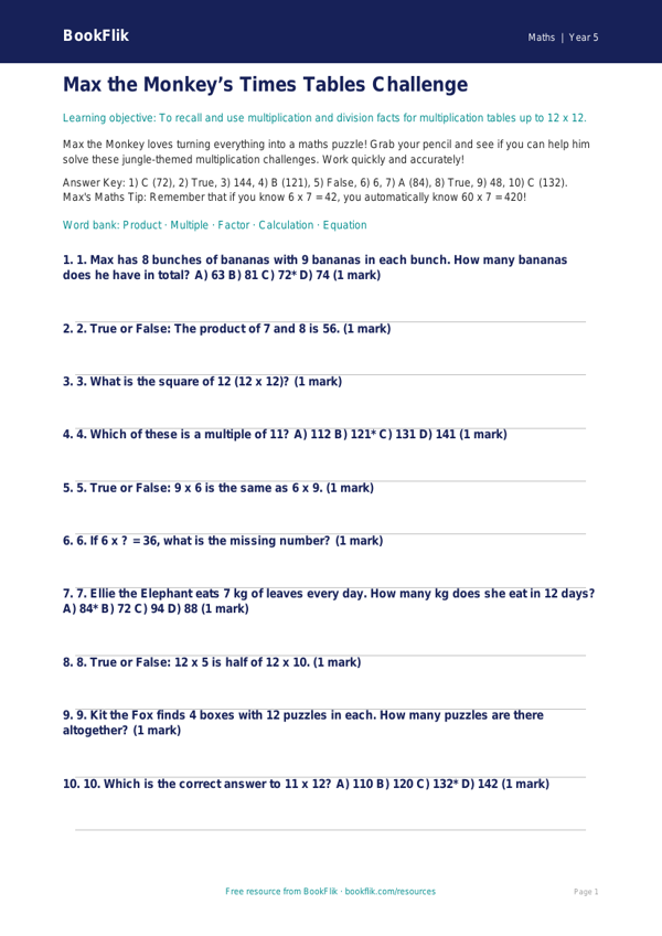 Free Times Tables Quiz | Class 5 | Maths | BookFlik worksheet preview — Maths Times Tables