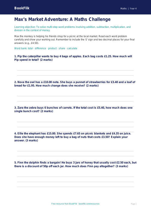 Free Word Problems Activity Sheet | Class 4 | Maths | BookFlik worksheet preview — Maths Word Problems