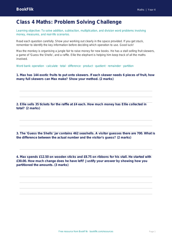 Free Word Problems Assessment | Class 4 | Maths | BookFlik worksheet preview — Maths Word Problems