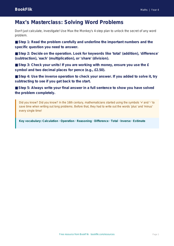 Free Word Problems Poster | Class 4 | Maths | BookFlik worksheet preview — Maths Word Problems