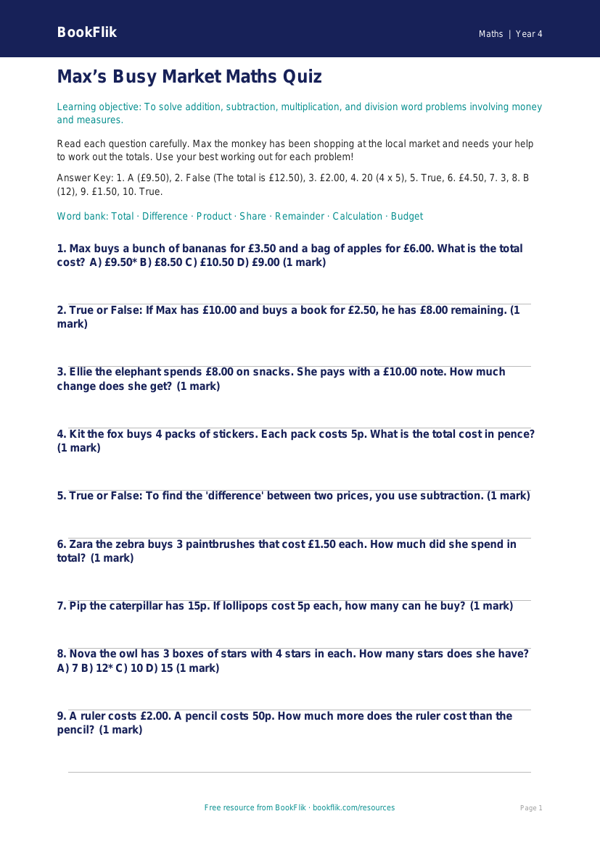 Maths word problems quiz class 4 core worksheet preview — Maths Word Problems